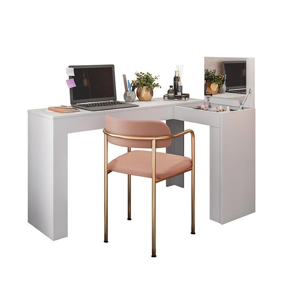 Escrivaninha De Canto Com Penteadeira Jade Com Tampa Basculante Nicho Organizador Espelho - Branco Fosco - 6