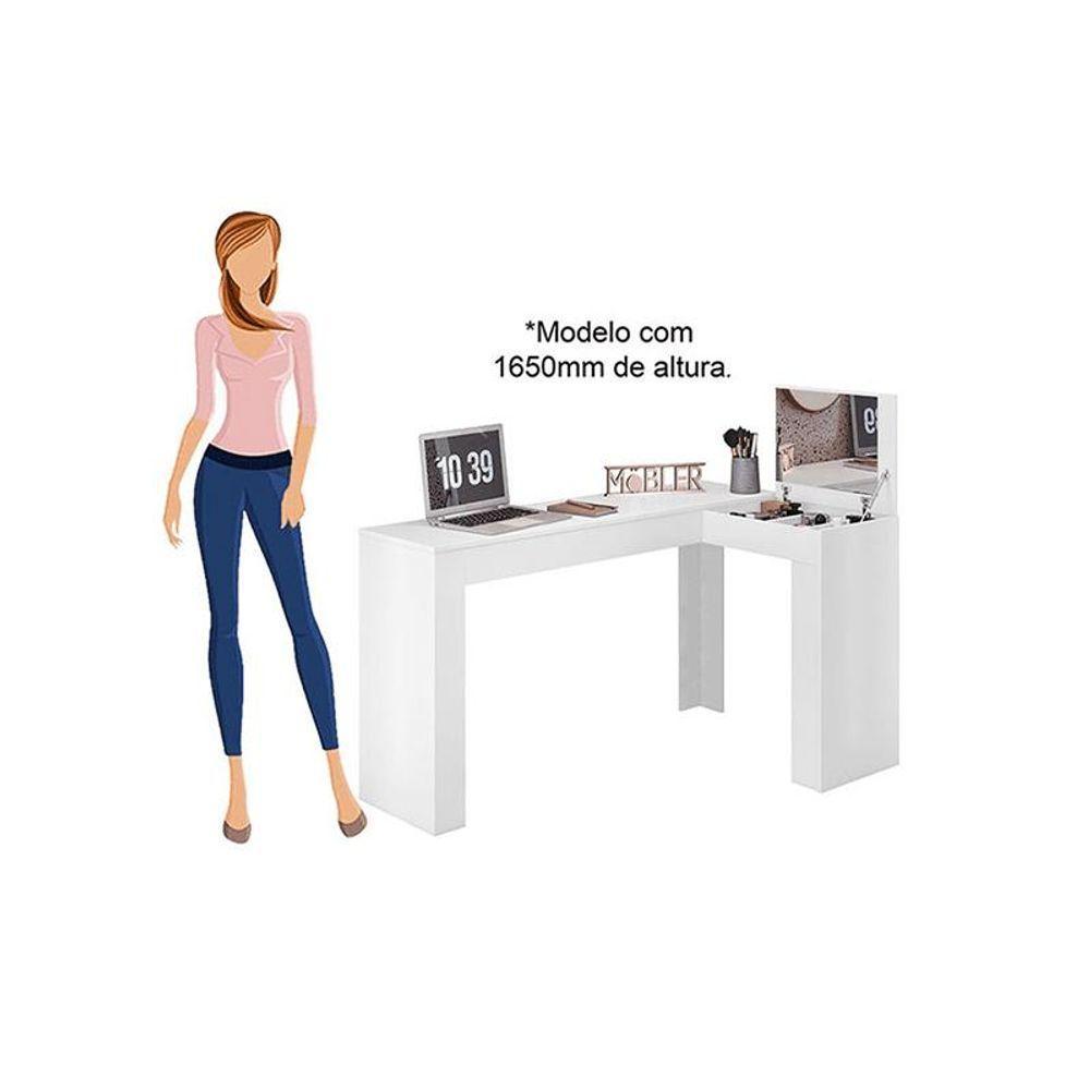 Escrivaninha De Canto Com Penteadeira Jade Com Tampa Basculante Nicho Organizador Espelho - Branco Fosco - 7