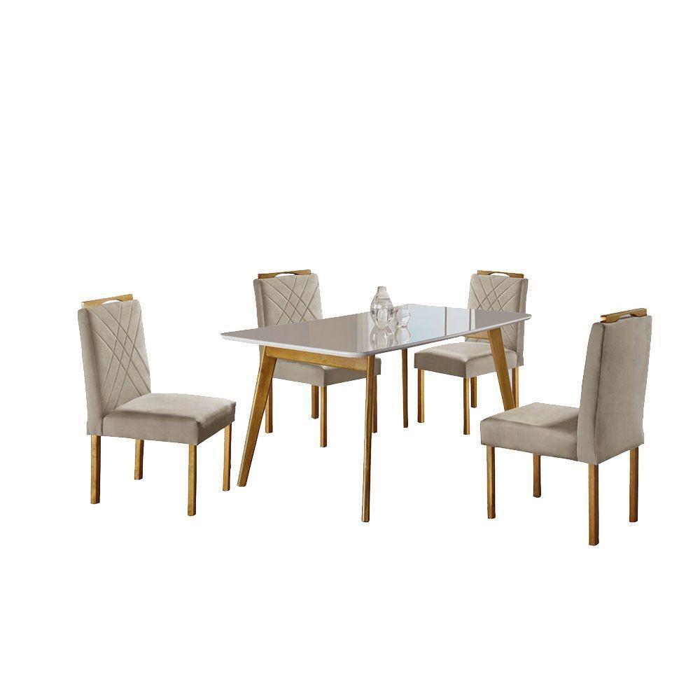 Conjunto Sala Jantar 4 Lugares Slim Madeira Maciça Veludo Bege Mel/off-white/bege - 2