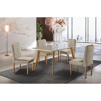 Conjunto Sala Jantar 4 Lugares Slim Madeira Maciça Veludo Bege Mel/off-white/bege