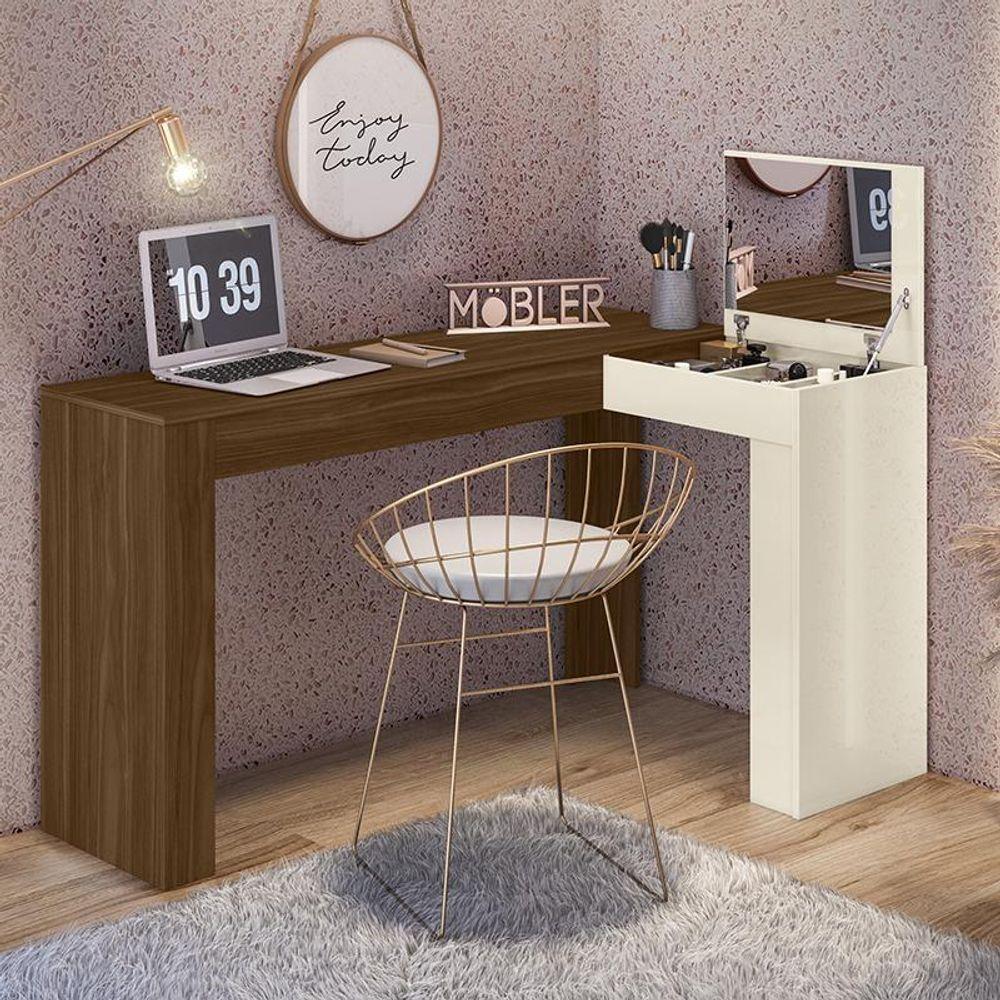 Escrivaninha De Canto Com Penteadeira Jade Com Nicho Espelho Porta Basculante ? Design Moderno - Freijo - Off White - 1