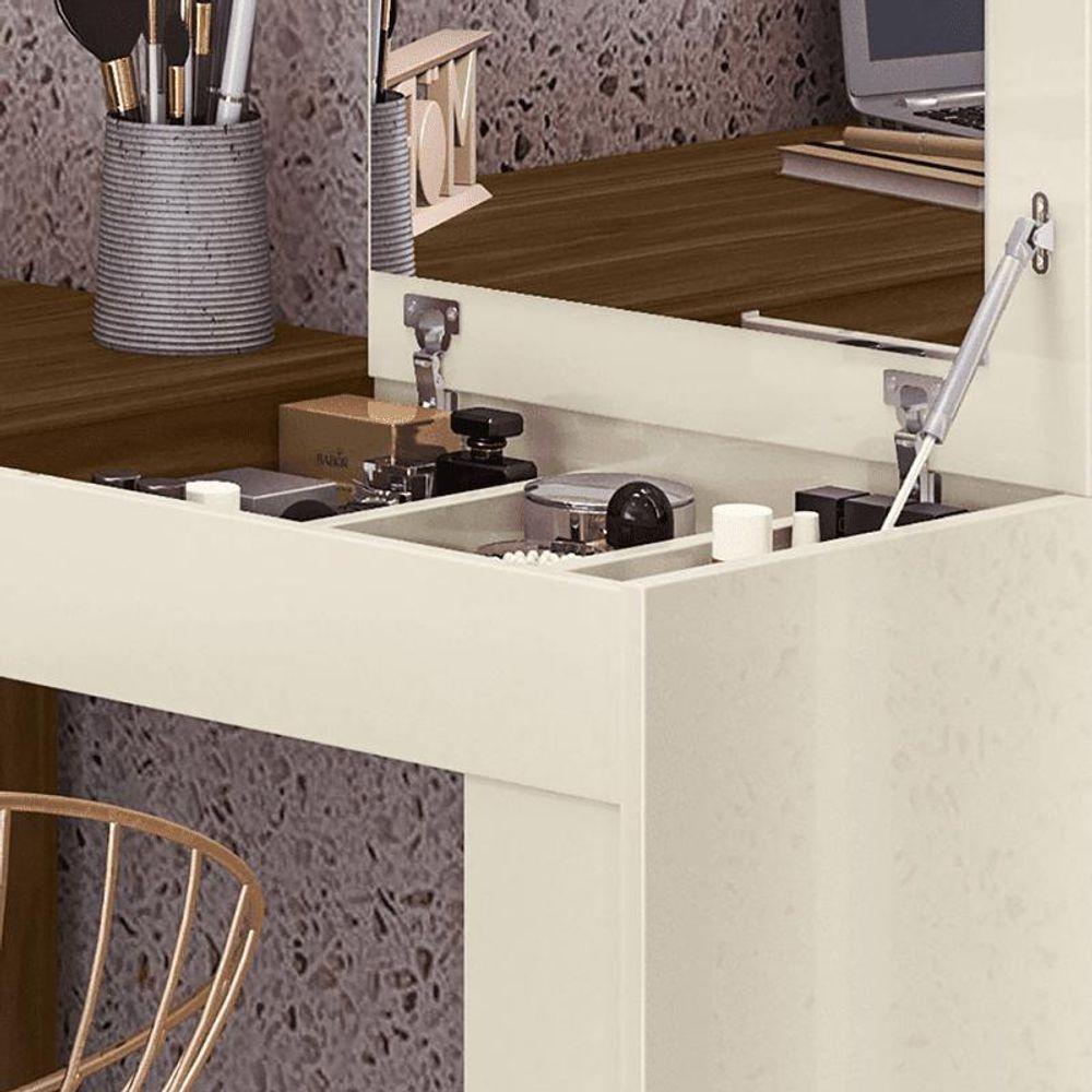 Escrivaninha De Canto Com Penteadeira Jade Com Nicho Espelho Porta Basculante ? Design Moderno - Freijo - Off White - 4