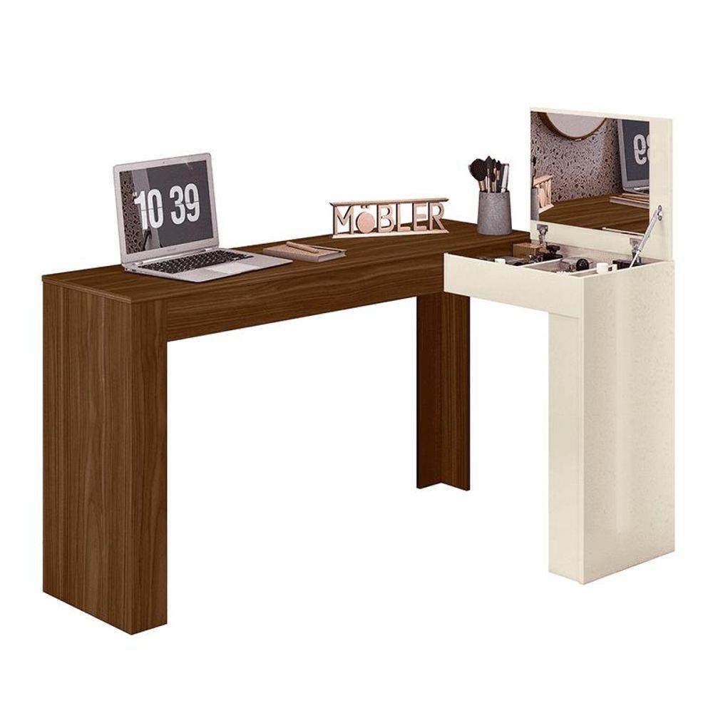 Escrivaninha De Canto Com Penteadeira Jade Com Nicho Espelho Porta Basculante ? Design Moderno - Freijo - Off White - 5