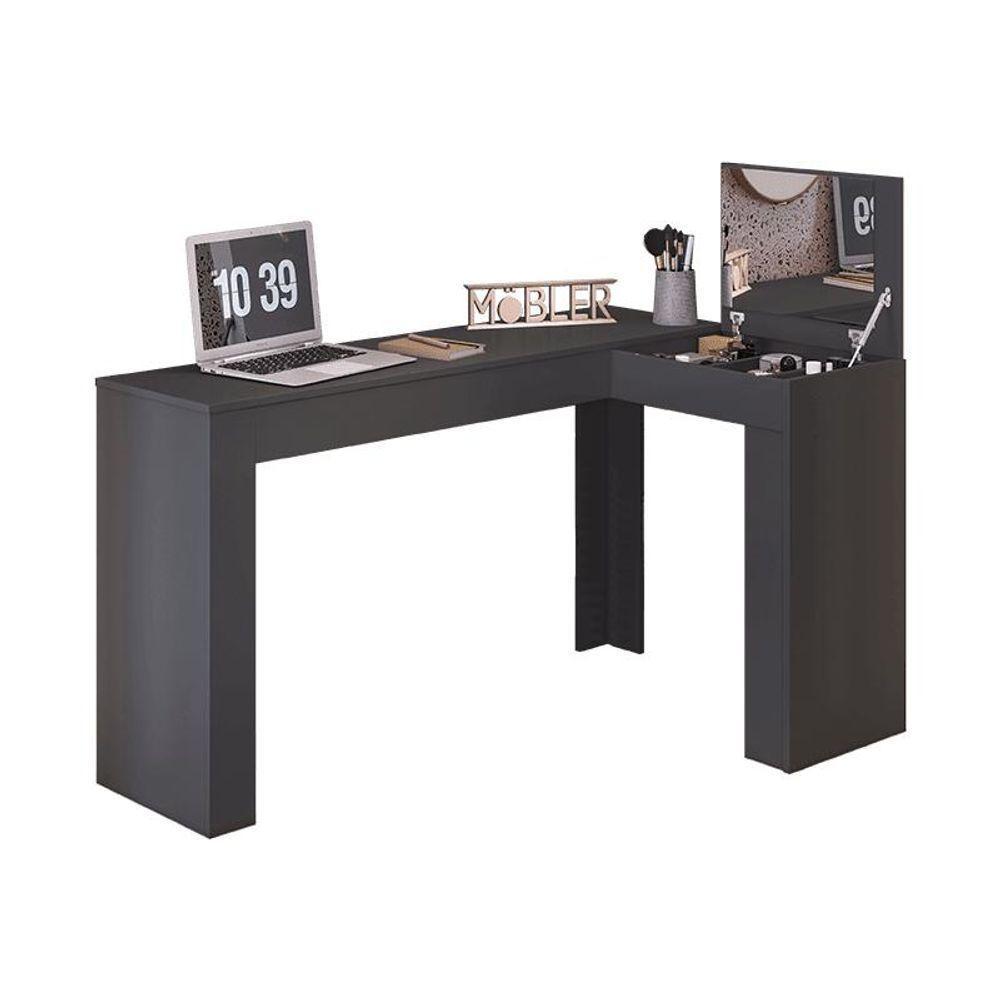 Escrivaninha De Canto Com Penteadeira Jade Com Nicho Organizador Esplho E Tampa Basculante 1,49m- Preto Fosco - 3