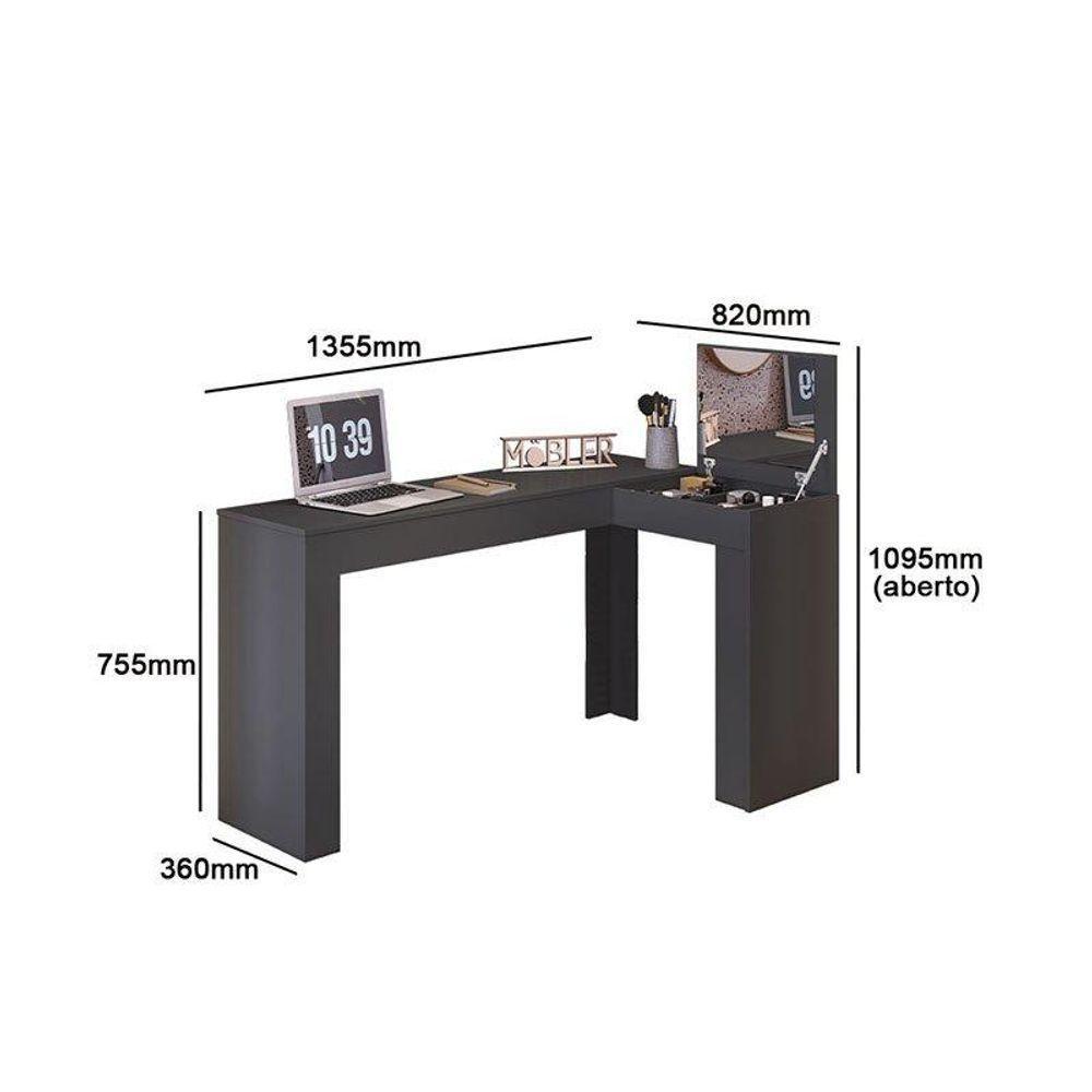 Escrivaninha De Canto Com Penteadeira Jade Com Nicho Organizador Esplho E Tampa Basculante 1,49m- Preto Fosco - 4