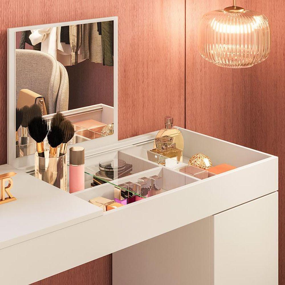 Escrivaninha Penteadeira Love Vidro De Correr Espelho Prateleira E Nicho ? Design Moderno - Branco - Cinamomo Mel - 3