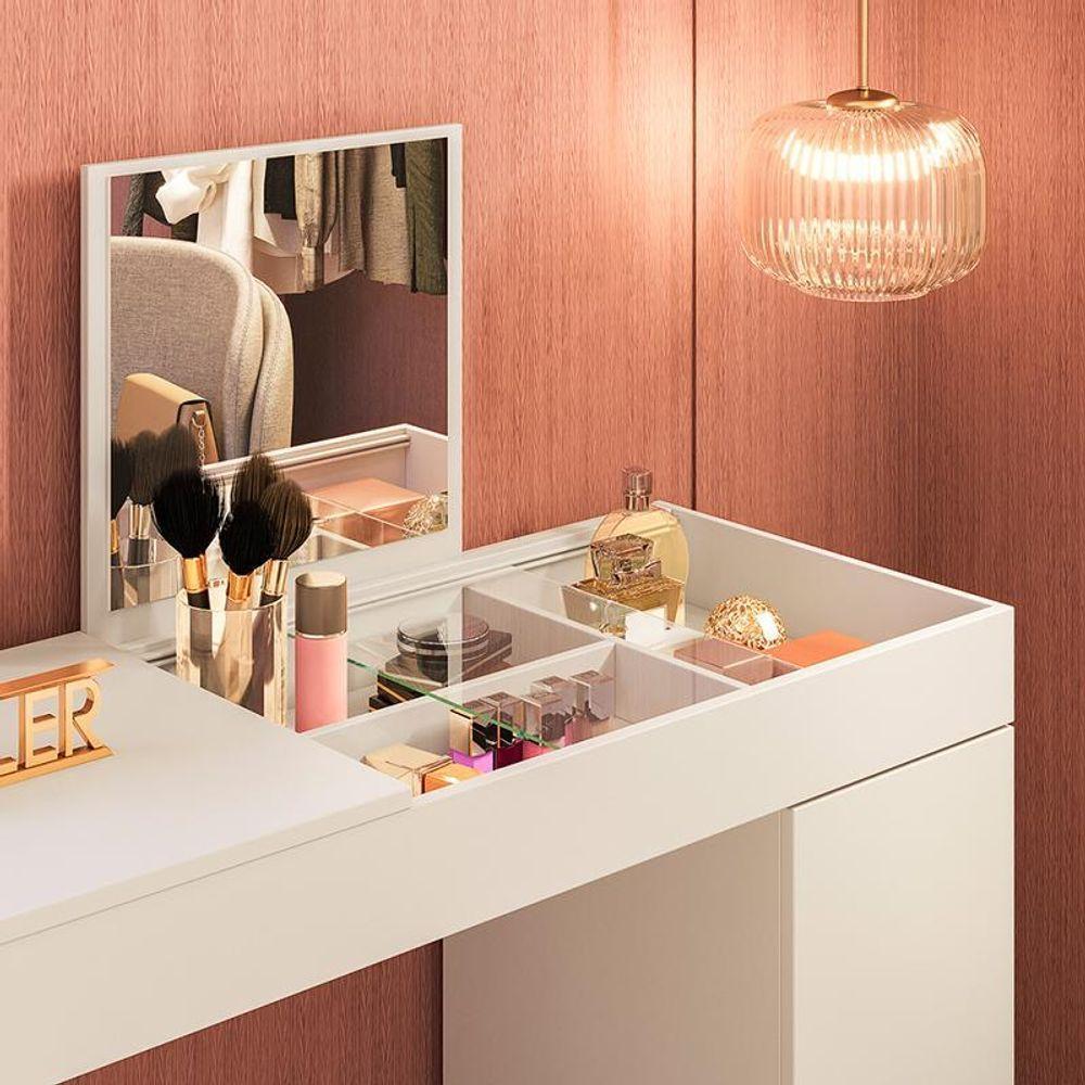 Escrivaninha Penteadeira Love Com Vidro De Correr Espelho Prateleira ? Design Moderno - Branco Fosco - 5