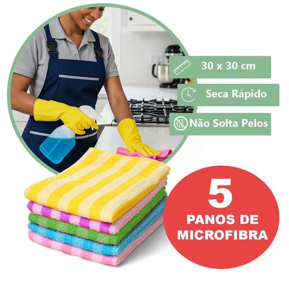 Kit 5 Panos De Microfibra 30x30cm Alta Absorção Limpeza Toalha Listrada - 4