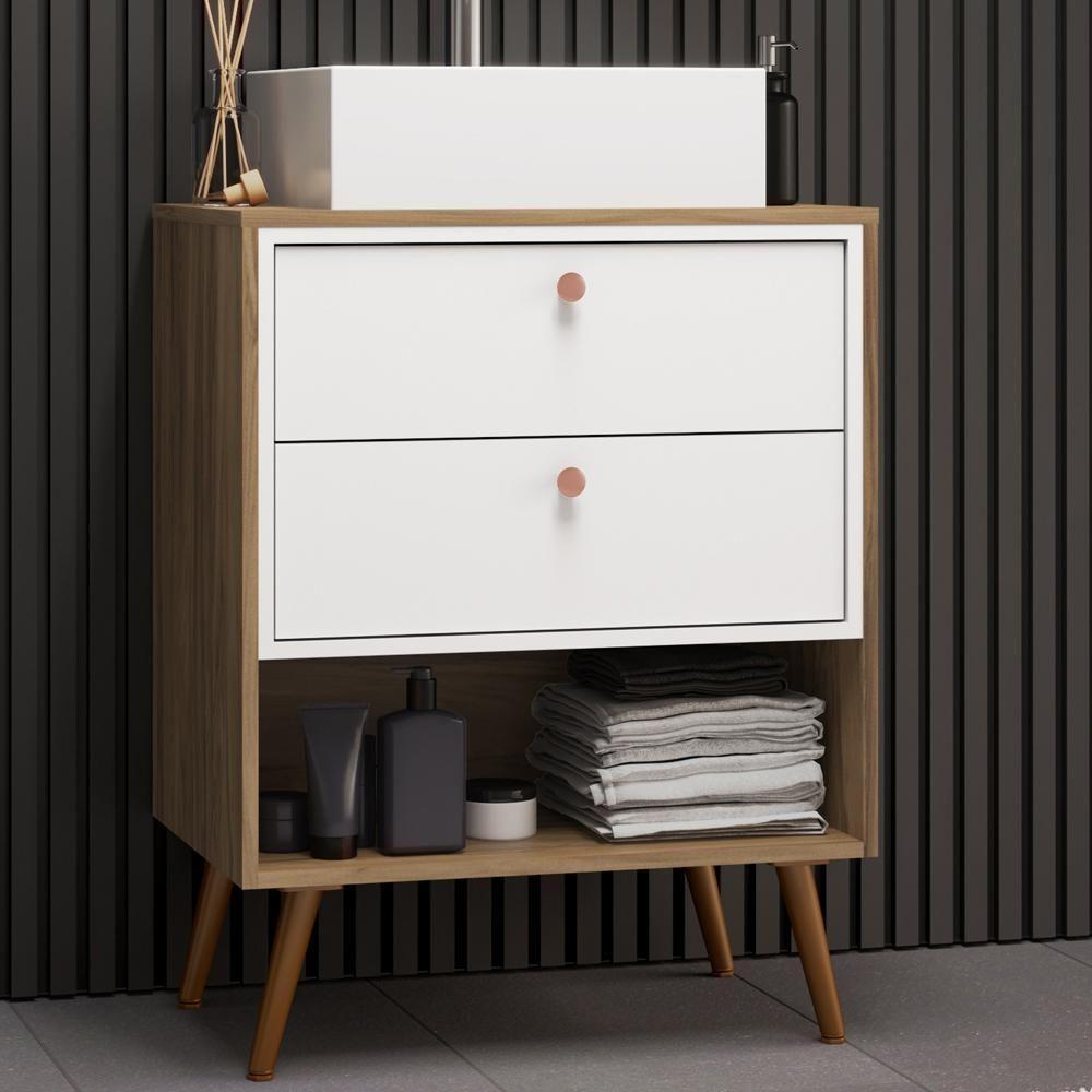 Balcão Gabinete Para Banheiro Com Pés 60cm Lionel B06 Branco Nogal - Lyam Decor - 2