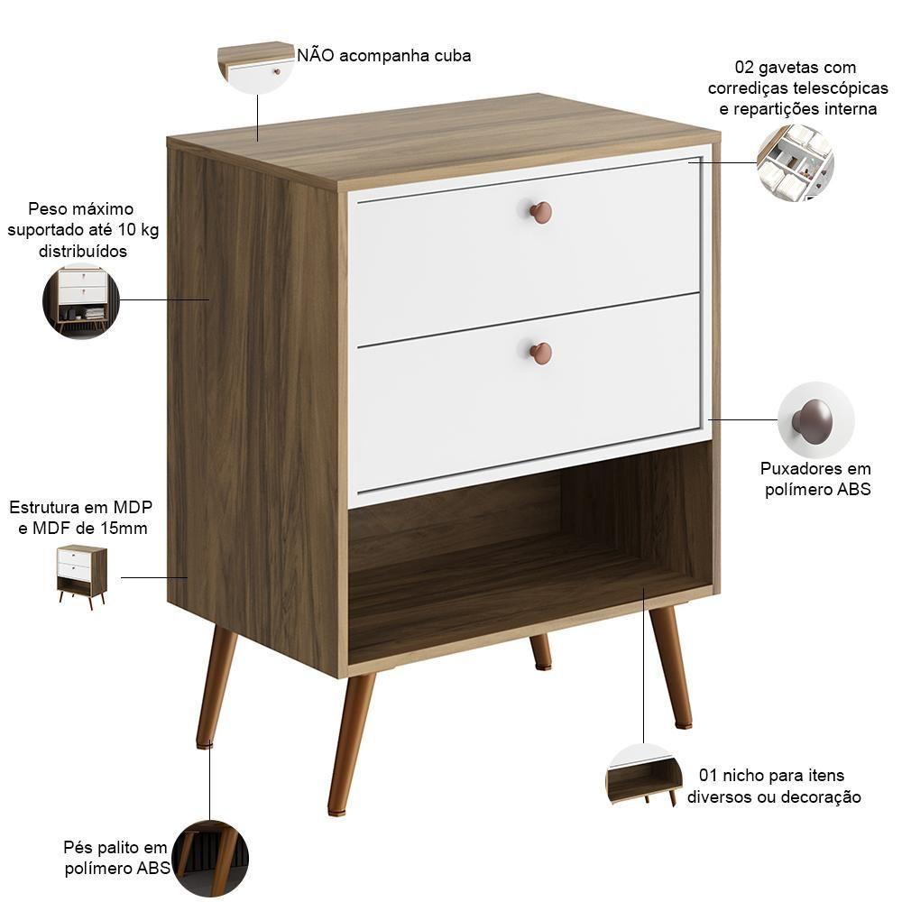 Balcão Gabinete Para Banheiro Com Pés 60cm Lionel B06 Branco Nogal - Lyam Decor - 3