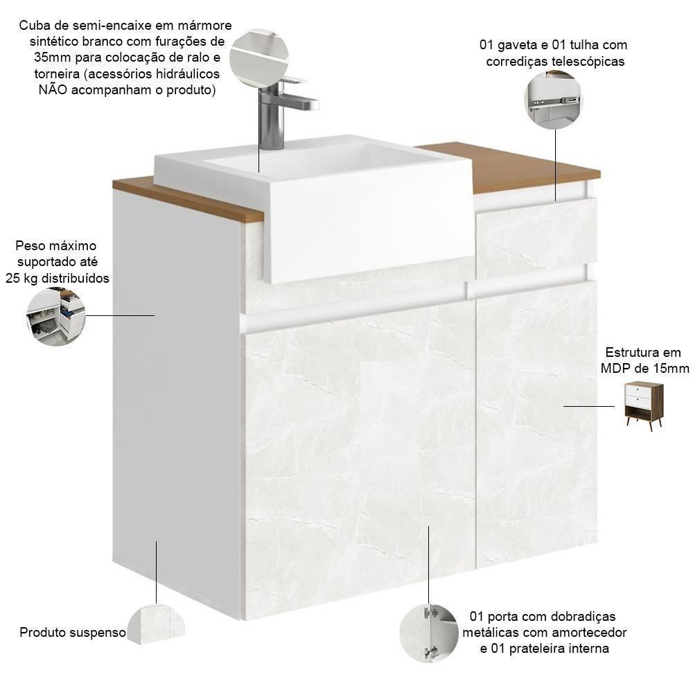 Balcão Gabinete Para Banheiro Suspenso 80cm Moira B06 Branco Cristal Noce Amêndoa - Lyam Decor - 3