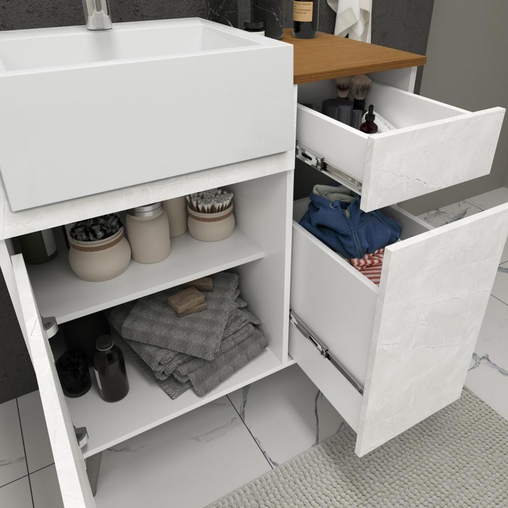 Balcão Gabinete Para Banheiro Suspenso 80cm Moira B06 Branco Cristal Noce Amêndoa - Lyam Decor - 6