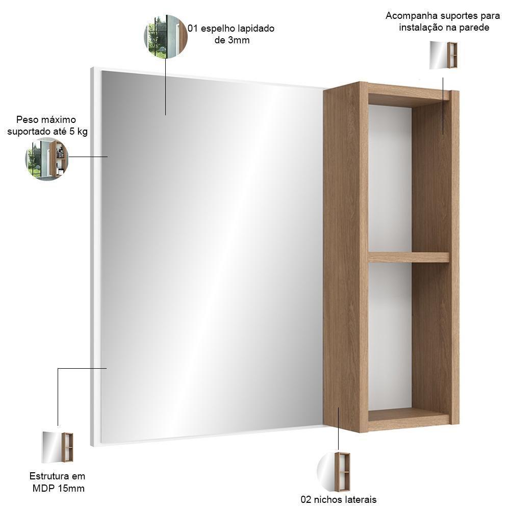 Armário Para Banheiro Com Espelho 60cm Ramona B06 Branco Carvalho - Lyam Decor - 3