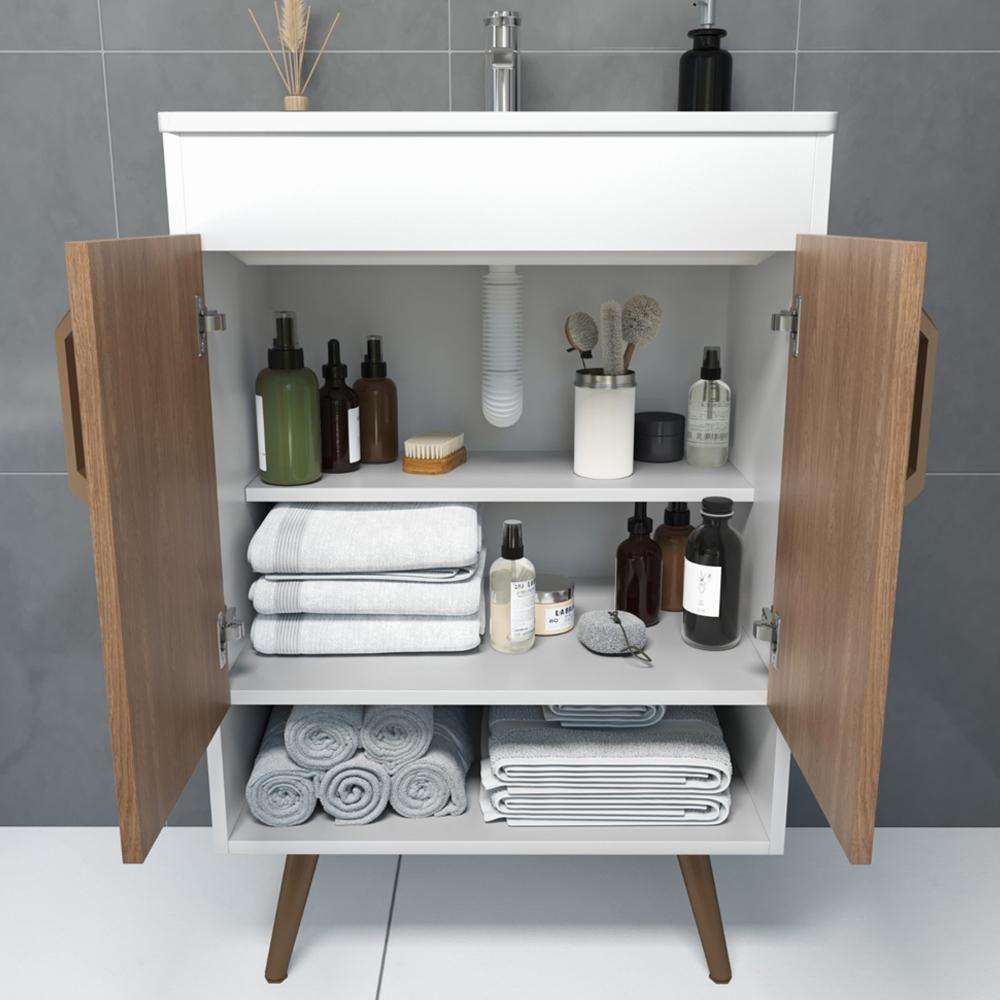 Balcão Gabinete Para Banheiro Com Pés 60cm Ramona B06 Branco Carvalho - Lyam Decor - 8