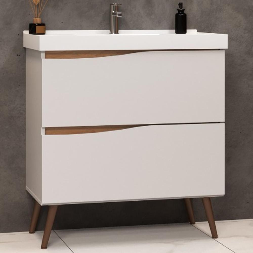 Balcão Gabinete Para Banheiro Com Pés E Lavatório 80cm Evie B06 Branco Tau - Lyam Decor - 2