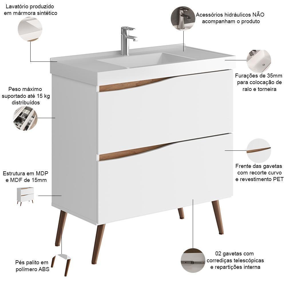 Balcão Gabinete Para Banheiro Com Pés E Lavatório 80cm Evie B06 Branco Tau - Lyam Decor - 3