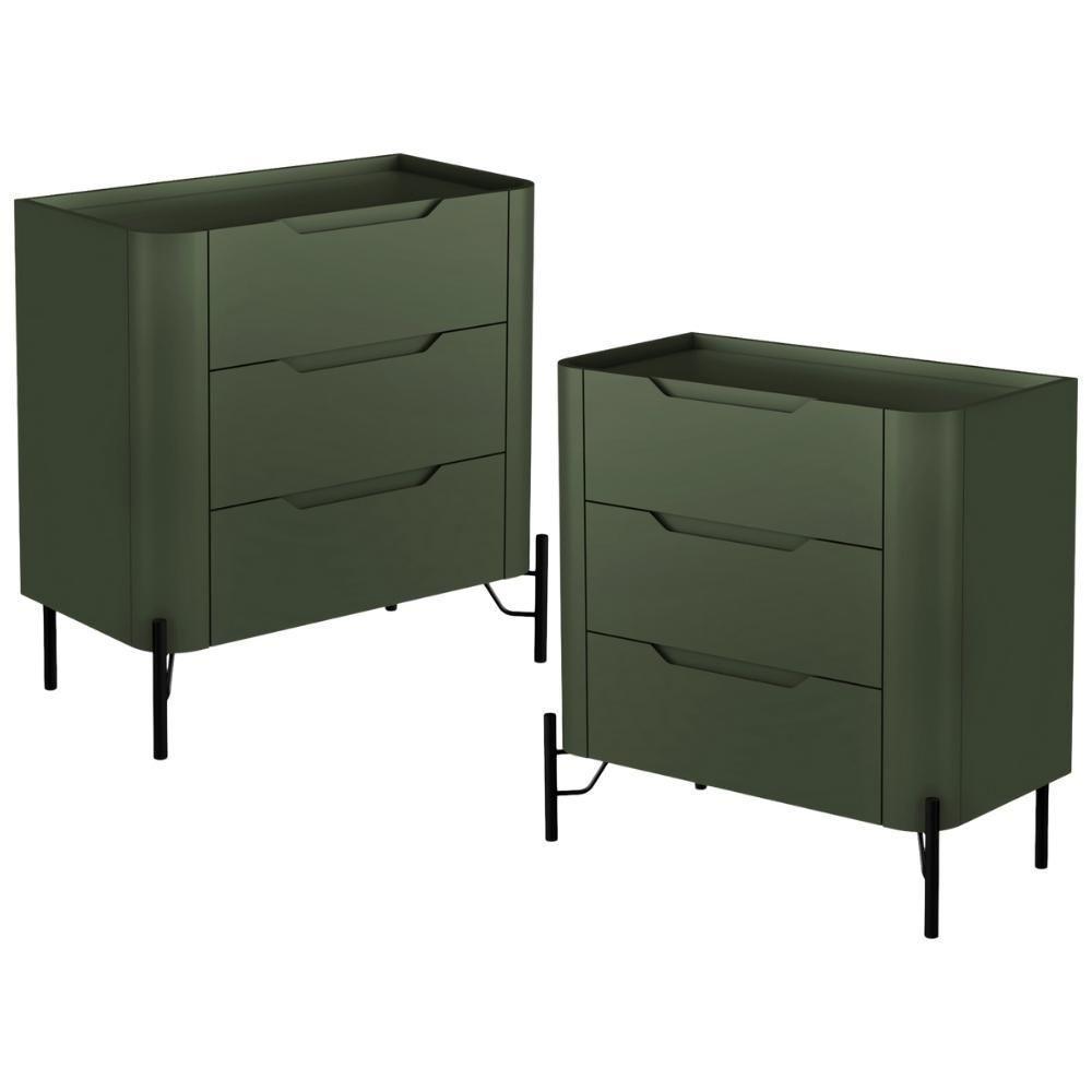 Kit 02 Mesas De Cabeceira Orgânica 3 Gavetas Pés Industrial Preto Bliss I03 Musgo - Lyam Decor - 1