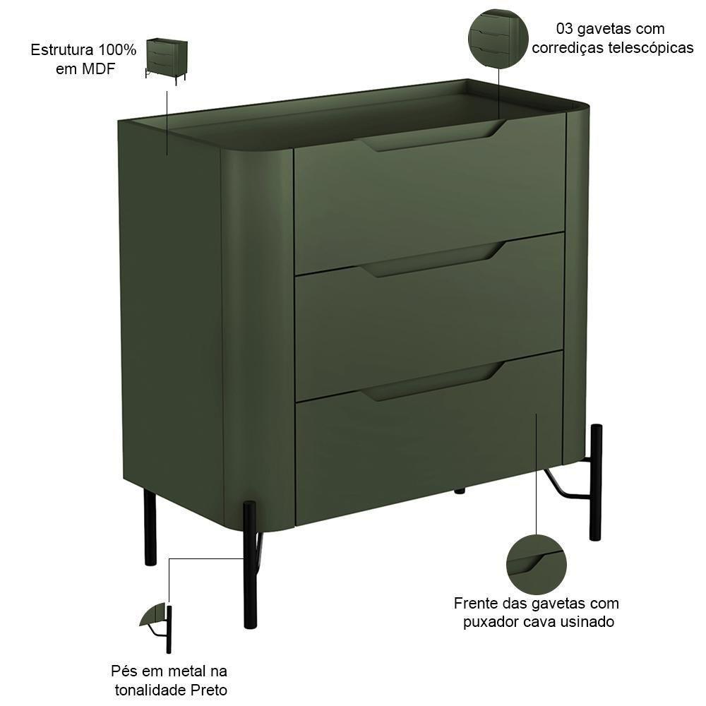 Kit 02 Mesas De Cabeceira Orgânica 3 Gavetas Pés Industrial Preto Bliss I03 Musgo - Lyam Decor - 2