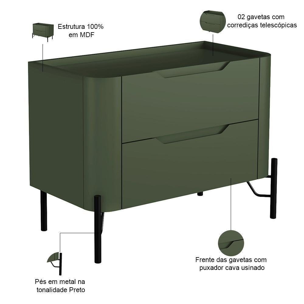 Mesa De Cabeceira Orgânica 2 Gavetas Pés Industrial Preto Bliss I03 Musgo - Lyam Decor - 2