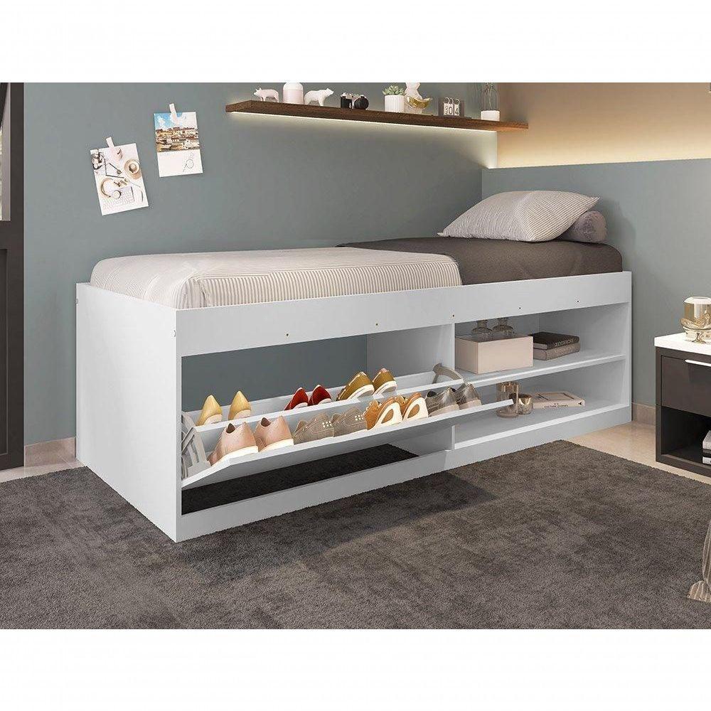 Cama Box Sapateira Solteiro Vanessa 0,88 Branco Com Colchão - Framar Móveis - 4