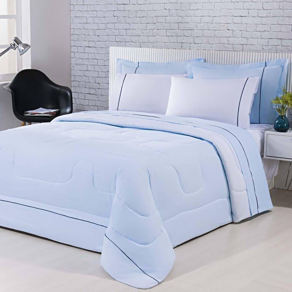 Kit Edredom 100% Algodão Percal 150 Fios Dupla Face King + Jogo De Cama Gran Moratta 7 Peças - Branco/ Azul - 1