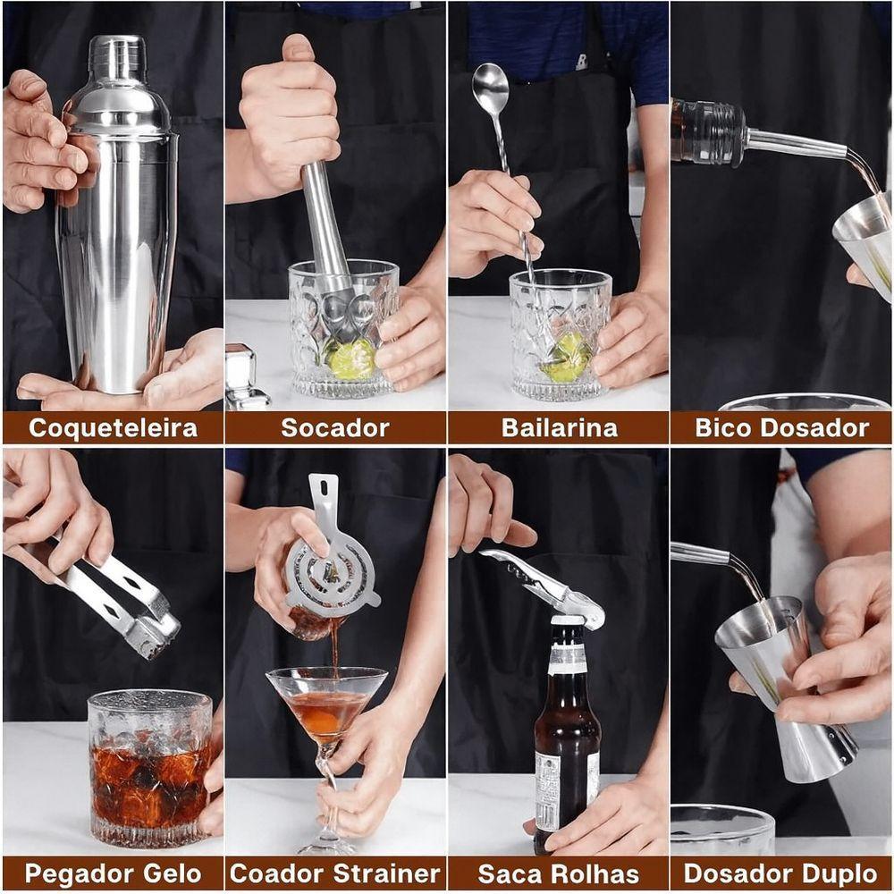Kit Coqueteleira Profissional Inox 750ml Acessórios Completo Com Suporte Em Bambu Bar E Drinks - 2