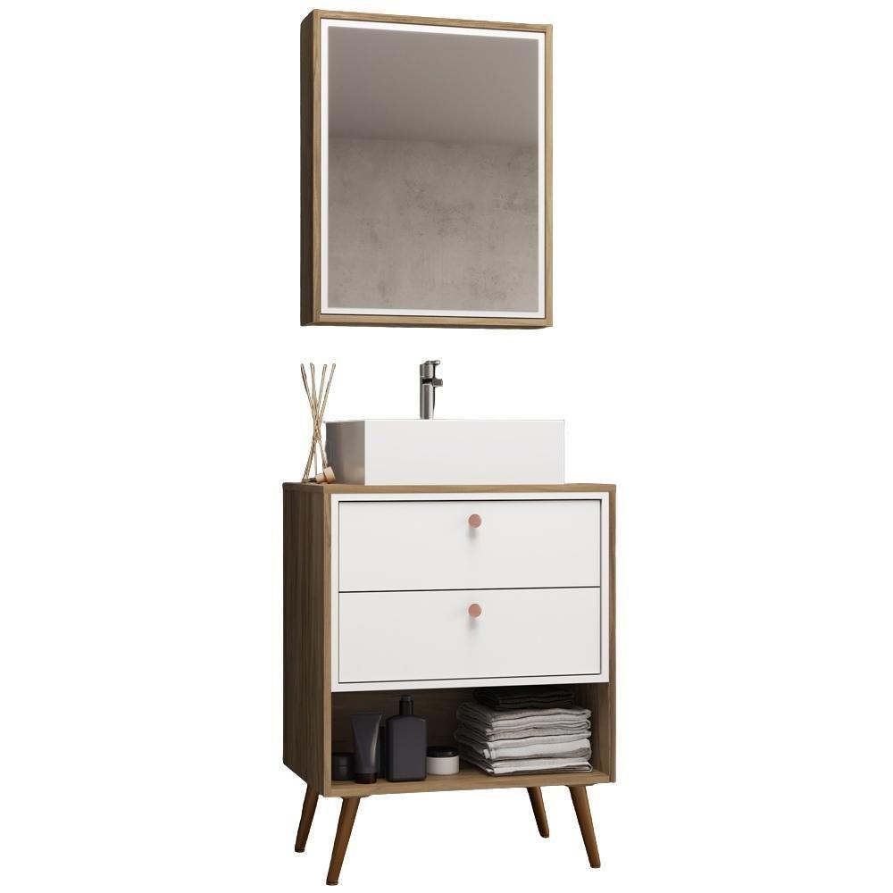 Conjunto Para Banheiro Gabinete Com Pés Cuba E Armário Lionel B06 Branco Nogal - Lyam Decor - 1