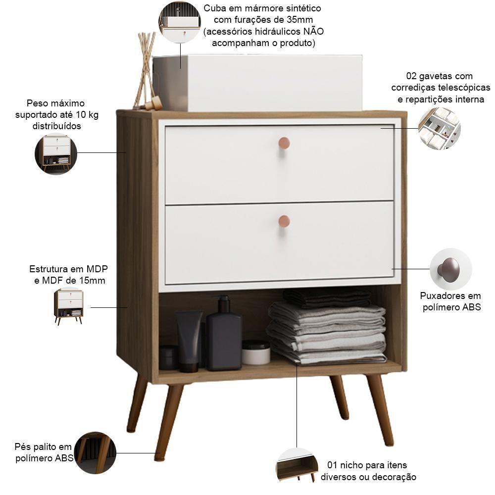 Conjunto Para Banheiro Gabinete Com Pés Cuba E Armário Lionel B06 Branco Nogal - Lyam Decor - 4