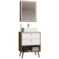 Conjunto Para Banheiro Gabinete Com Pés Cuba E Armário Lionel B06 Branco Nogal - Lyam Decor - 1