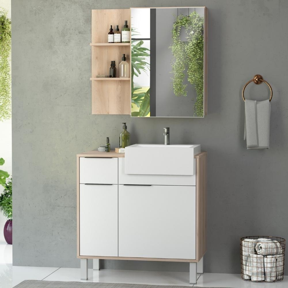 Conjunto Para Banheiro Balcão E Armário Com Pés 80cm West B06 Branco Faia - Lyam Decor - 3