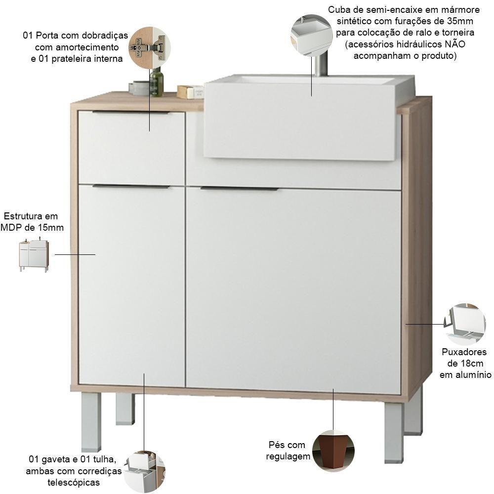Conjunto Para Banheiro Balcão E Armário Com Pés 80cm West B06 Branco Faia - Lyam Decor - 6