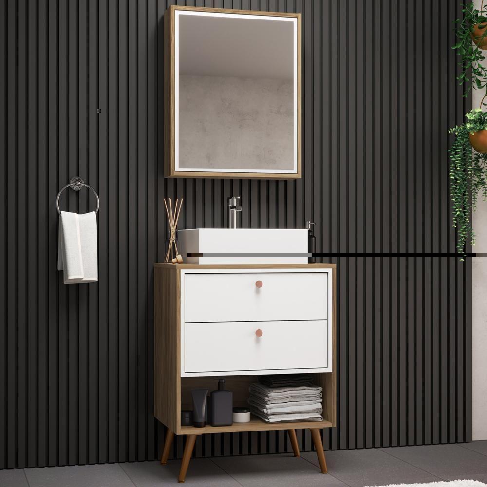 Conjunto Para Banheiro Balcão E Armário Com Pés 60cm Lionel B06 Branco Nogal - Lyam Decor - 2