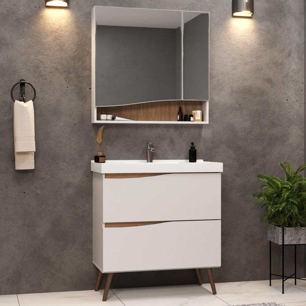 Conjunto Banheiro Gabinete Com Pés E Armário Com Espelho 80cm Evie B06 Branco Tau - Lyam Decor - 2