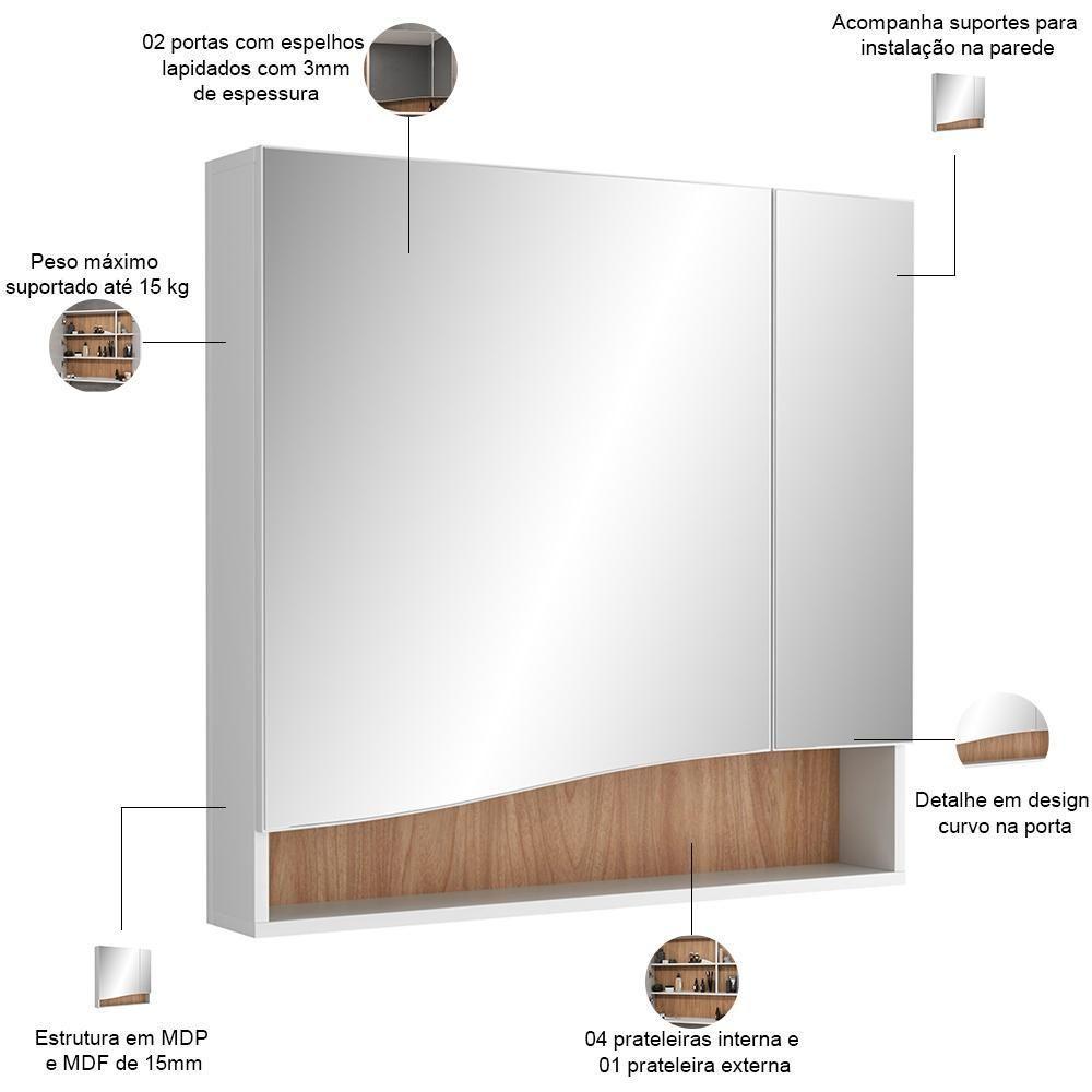 Conjunto Banheiro Gabinete Com Pés E Armário Com Espelho 80cm Evie B06 Branco Tau - Lyam Decor - 3