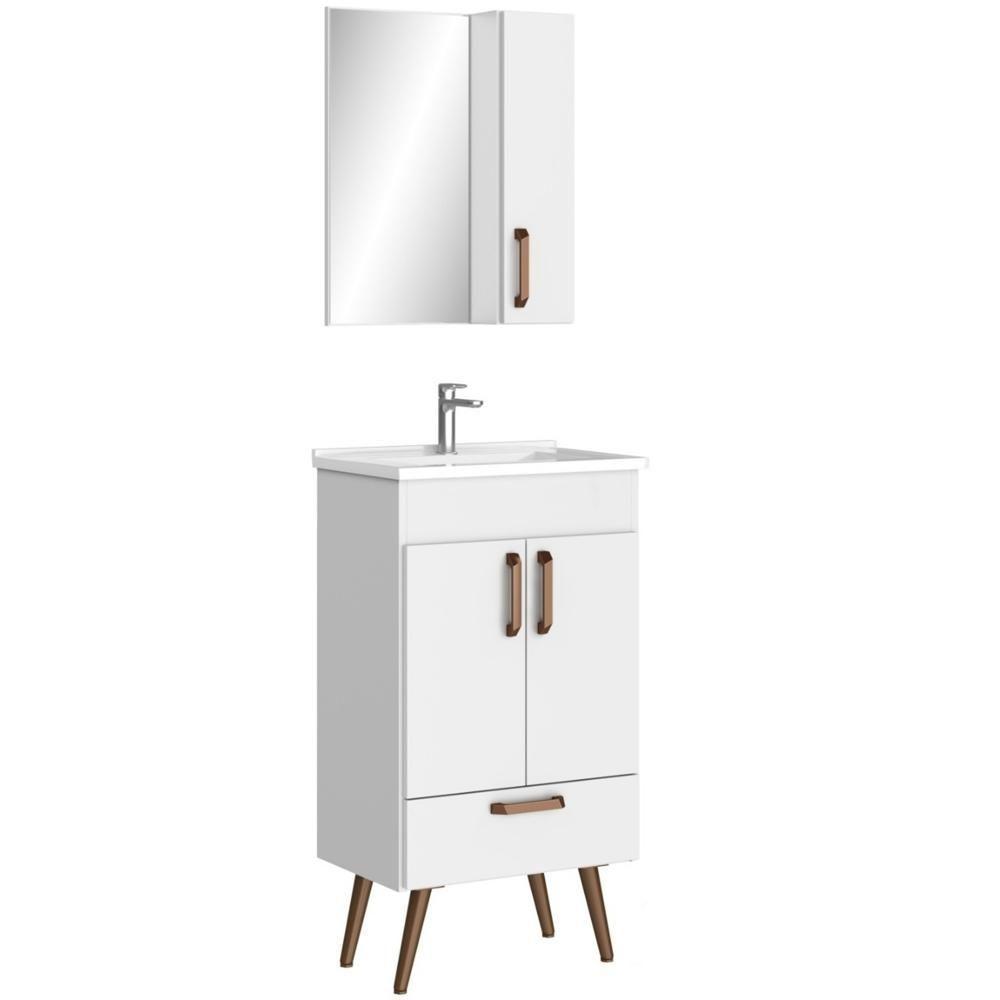 Conjunto Banheiro Gabinete Com Pés 50cm Lavatório E Armário Allegra B06 Branco - Lyam Decor - 1