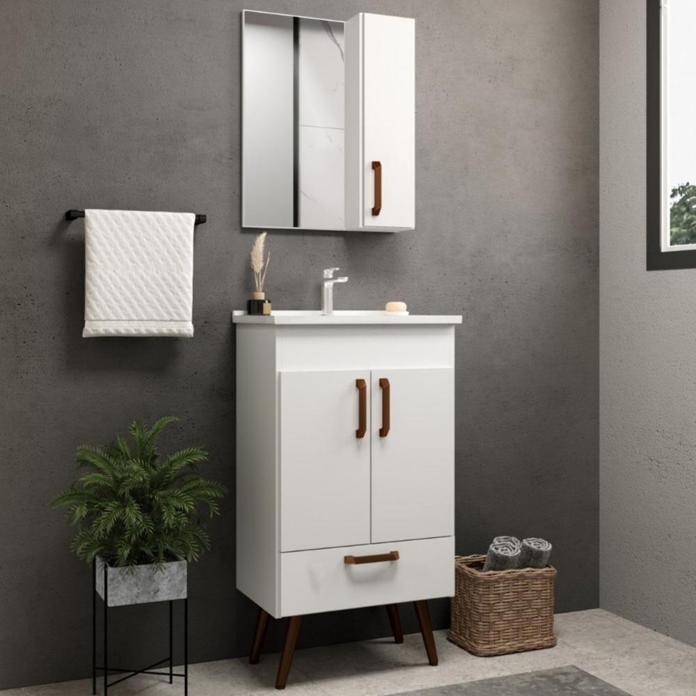 Conjunto Banheiro Gabinete Com Pés 50cm Lavatório E Armário Allegra B06 Branco - Lyam Decor - 2