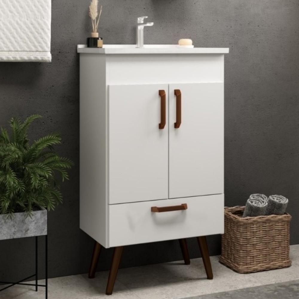 Conjunto Banheiro Gabinete Com Pés 50cm Lavatório E Armário Allegra B06 Branco - Lyam Decor - 4