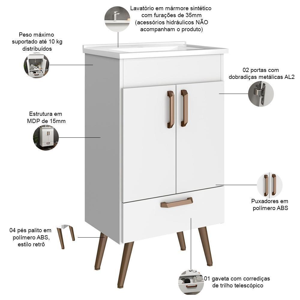 Conjunto Banheiro Gabinete Com Pés 50cm Lavatório E Armário Allegra B06 Branco - Lyam Decor - 6