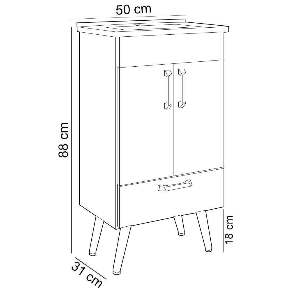 Conjunto Banheiro Gabinete Com Pés 50cm Lavatório E Armário Allegra B06 Branco - Lyam Decor - 8