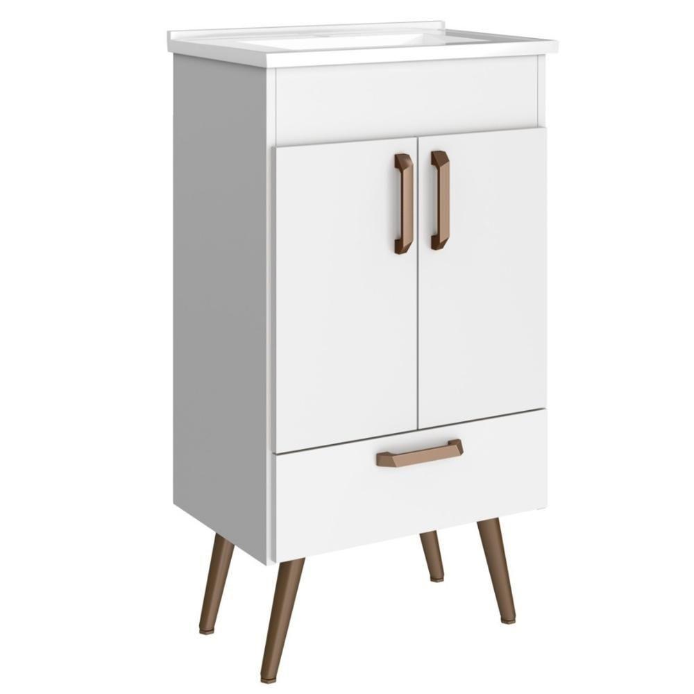 Conjunto Banheiro Gabinete Com Pés 50cm Lavatório E Armário Allegra B06 Branco - Lyam Decor - 10