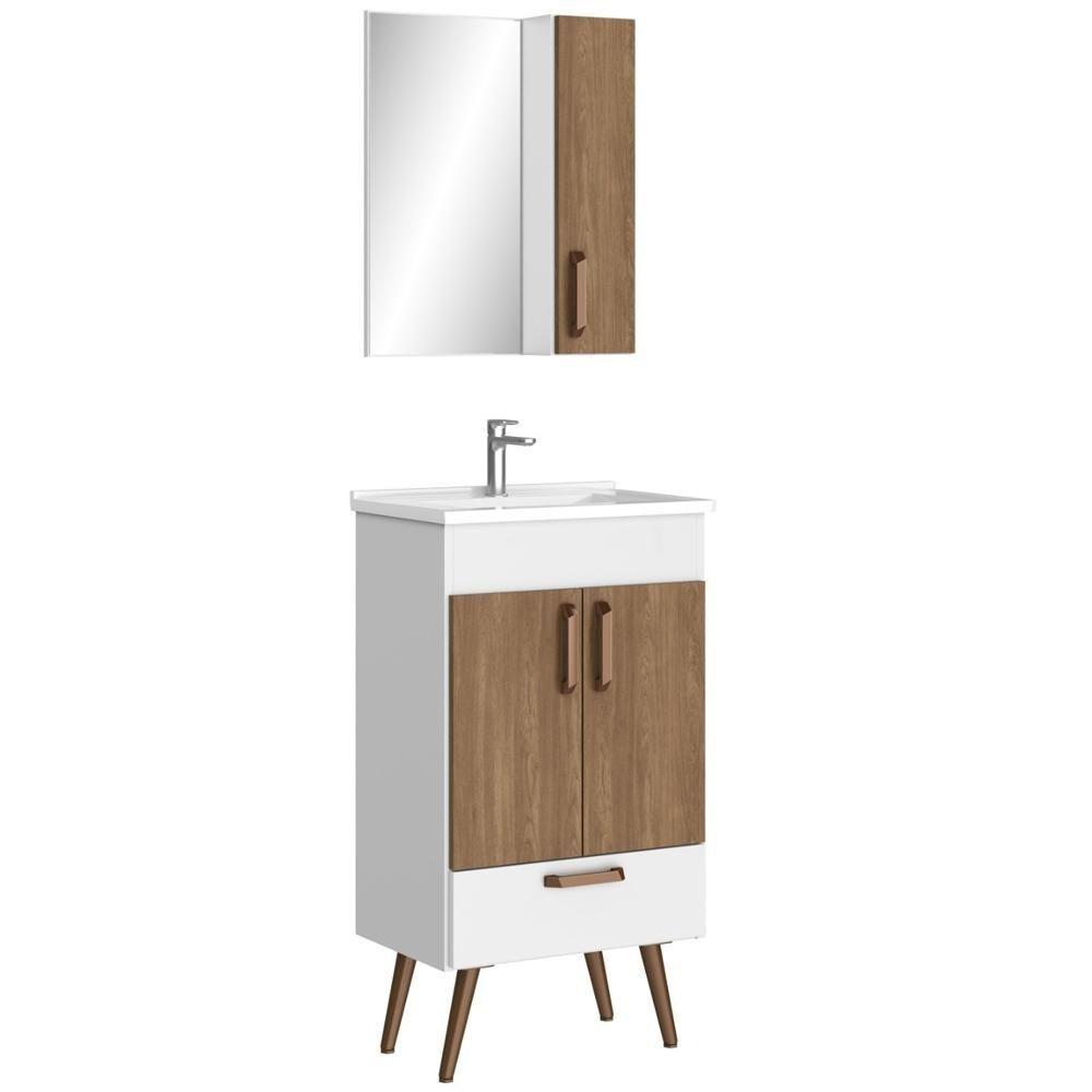 Conjunto Banheiro Gabinete Com Pés 50cm Lavatório E Armário Allegra B06 Branco Carvalho - Lyam Decor - 1