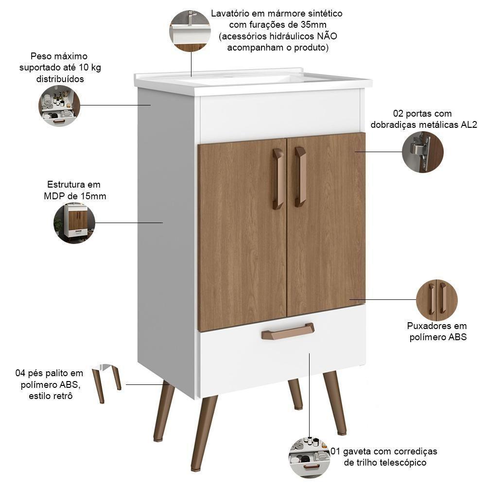 Conjunto Banheiro Gabinete Com Pés 50cm Lavatório E Armário Allegra B06 Branco Carvalho - Lyam Decor - 3