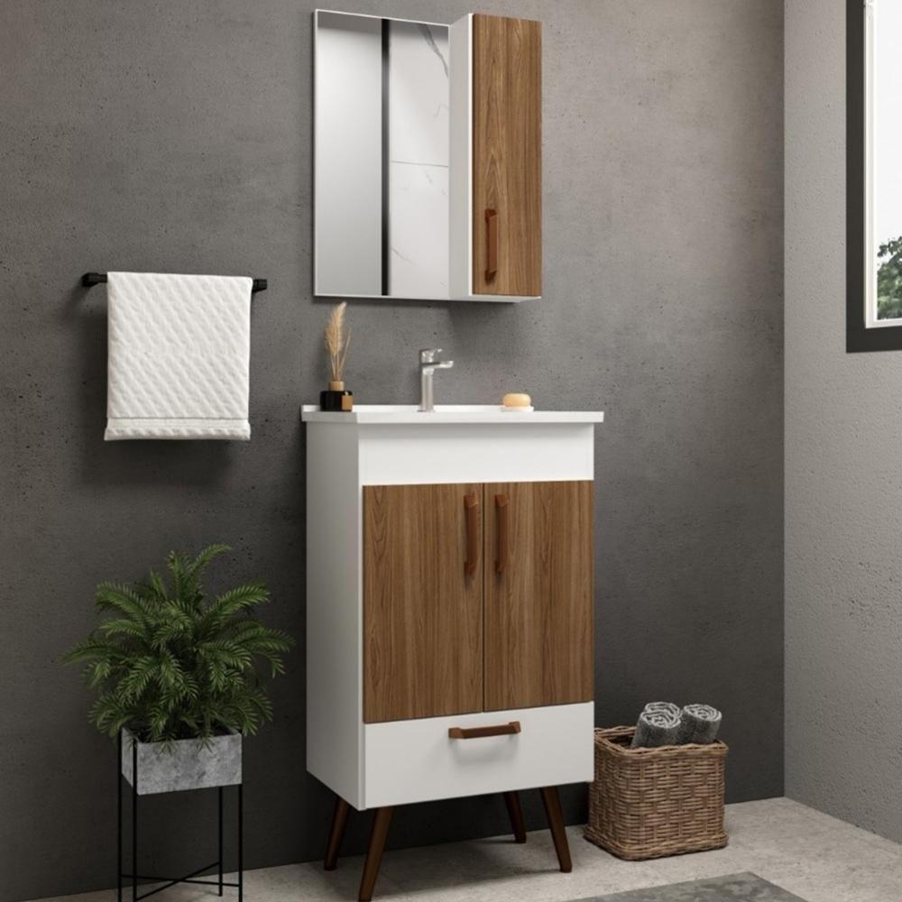 Conjunto Banheiro Gabinete Com Pés 50cm Lavatório E Armário Allegra B06 Branco Carvalho - Lyam Decor - 8