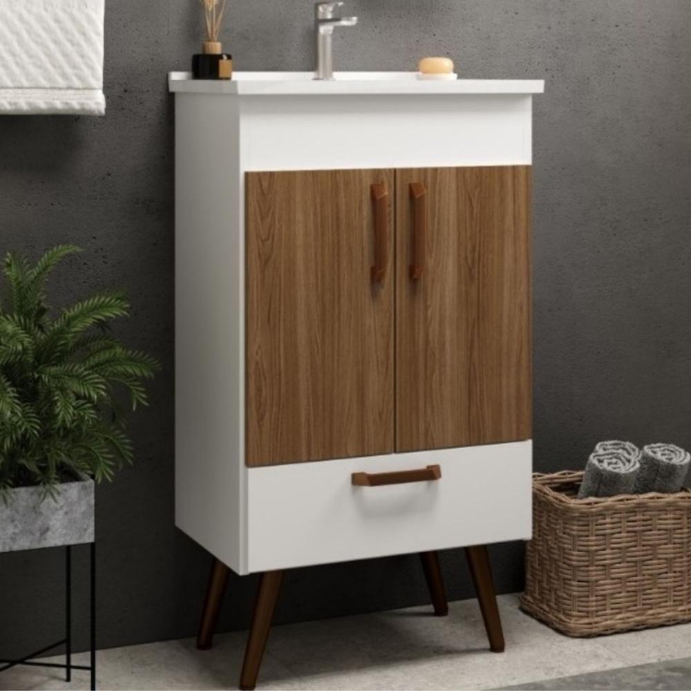 Conjunto Banheiro Gabinete Com Pés 50cm Lavatório E Armário Allegra B06 Branco Carvalho - Lyam Decor - 9