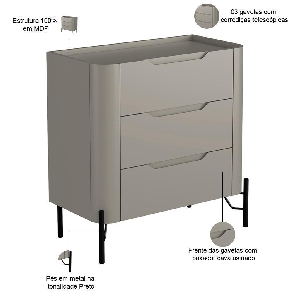 Mesa De Cabeceira Orgânica 3 Gavetas Pés Industrial Preto Bliss I03 Grigio - Lyam Decor - 2