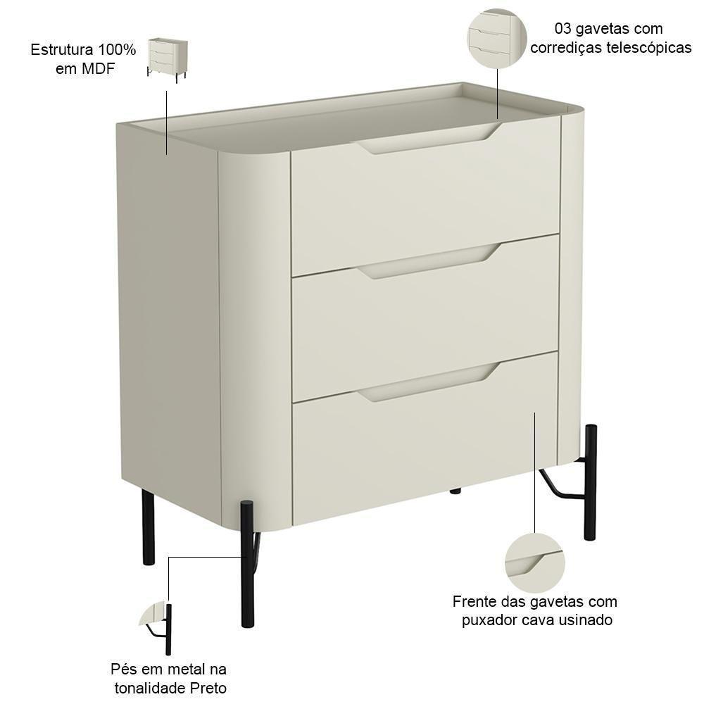 Mesa De Cabeceira Orgânica 3 Gavetas Pés Industrial Preto Bliss I03 Luna - Lyam Decor - 2