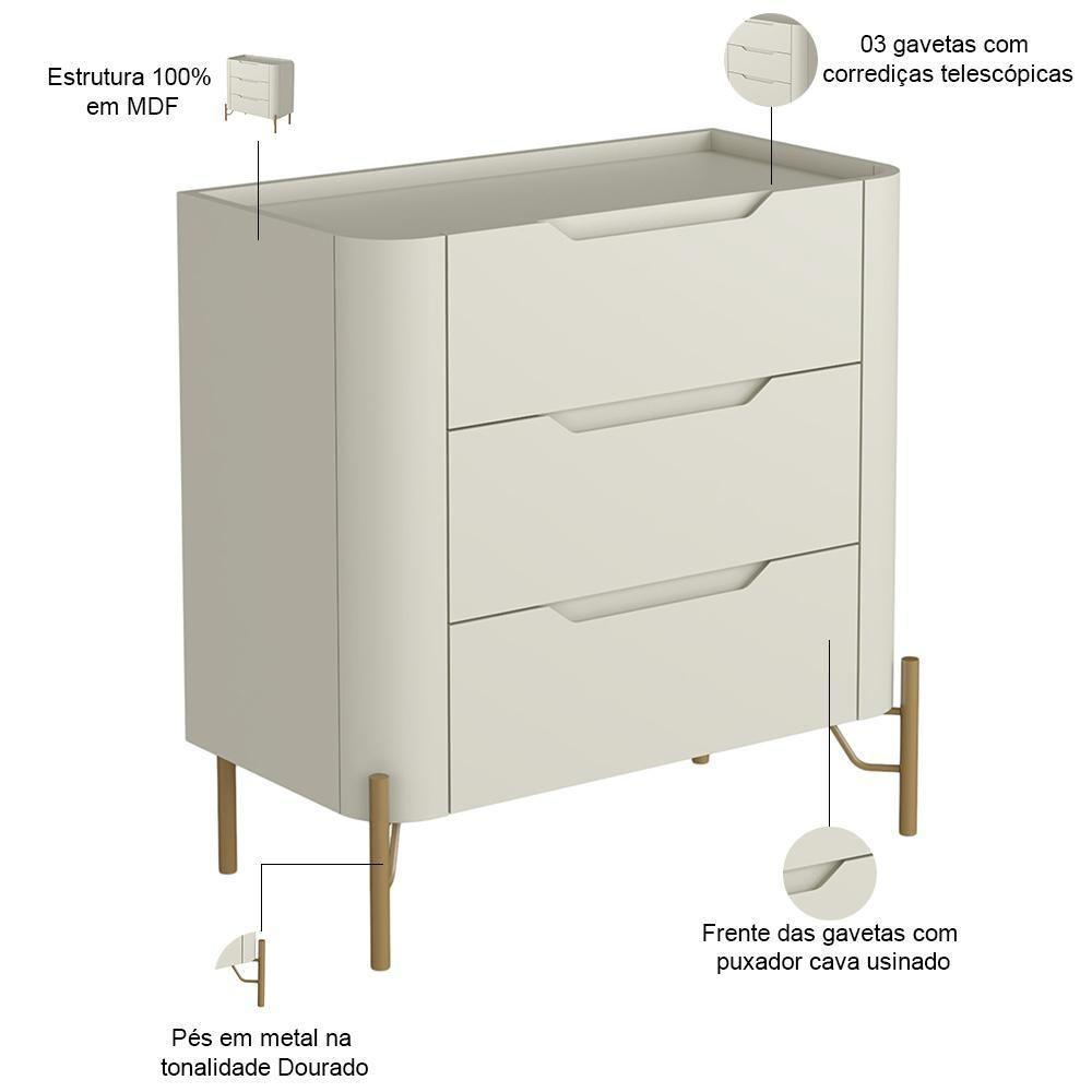 Mesa De Cabeceira Orgânica 3 Gavetas Pés Industrial Dourado Bliss I03 Luna - Lyam Decor - 2