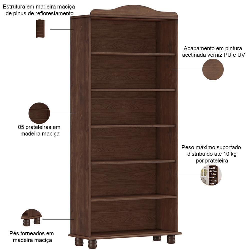Estante Livreiro Multiuso 5 Prateleiras Madeira Maciça Lazuli F06 Café - Lyam Decor - 3
