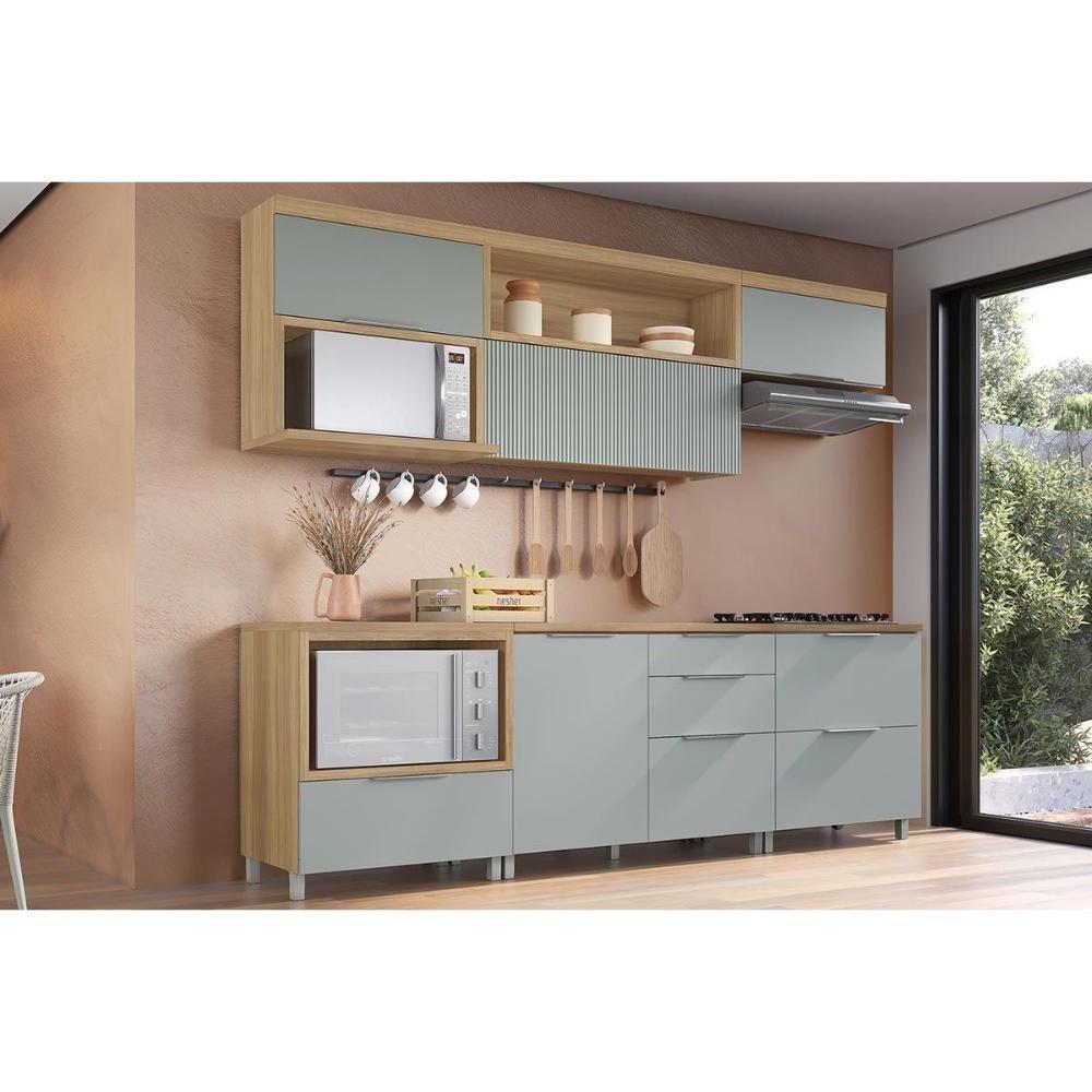 Cozinha Modulada Nesher Marquesa 6 Peças (3aéreos+3balcões) C6p42 Nature-verde-nesher - 1
