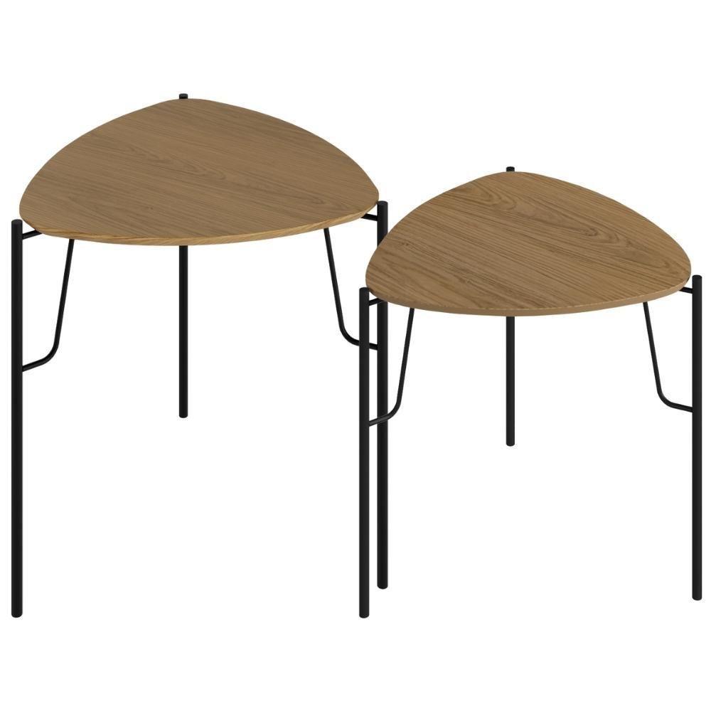 Kit 02 Mesas Laterais Para Sala De Estar Pés Industrial Preto Alef I03 Louro - Lyam Decor - 1